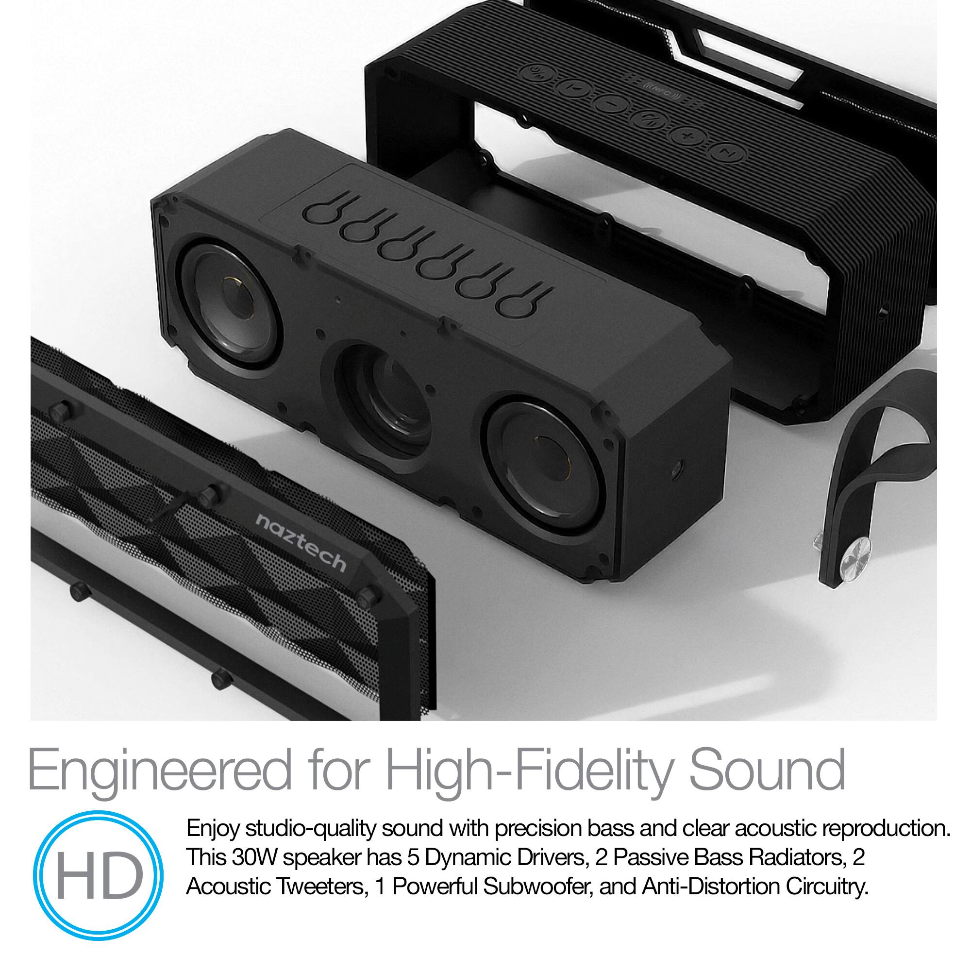 BEMMONES OOE BE naztech Engineered for High-Fidelity Sound

Enjoy studio-quality sound with precision bass and clear acoustic reproduction. This 30W speaker has 5 Dynamic Drivers, 2 Passive Bass Radiators, 2 HD Acoustic Tweeters, 1 Powerful Subwoofer, and Anti-Distortion Circuitry.