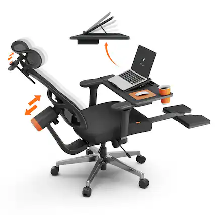 Front. Newtral - Ergonomic Chair with Detachable Laptop Table, Auto-Follow Backrest/Headrest, 4D Armrests & Footrest in Black - Black.