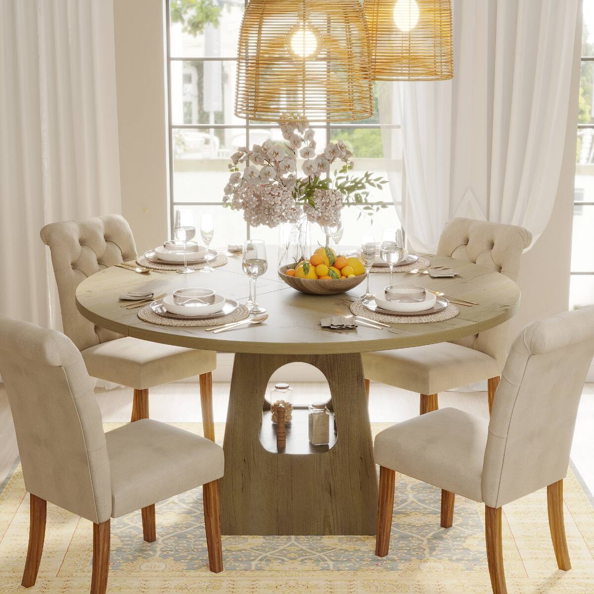Back. Loheer - Loheer 47-Inch Round Dining Table with Natural MDF Top and Storage Shelf - Natural.