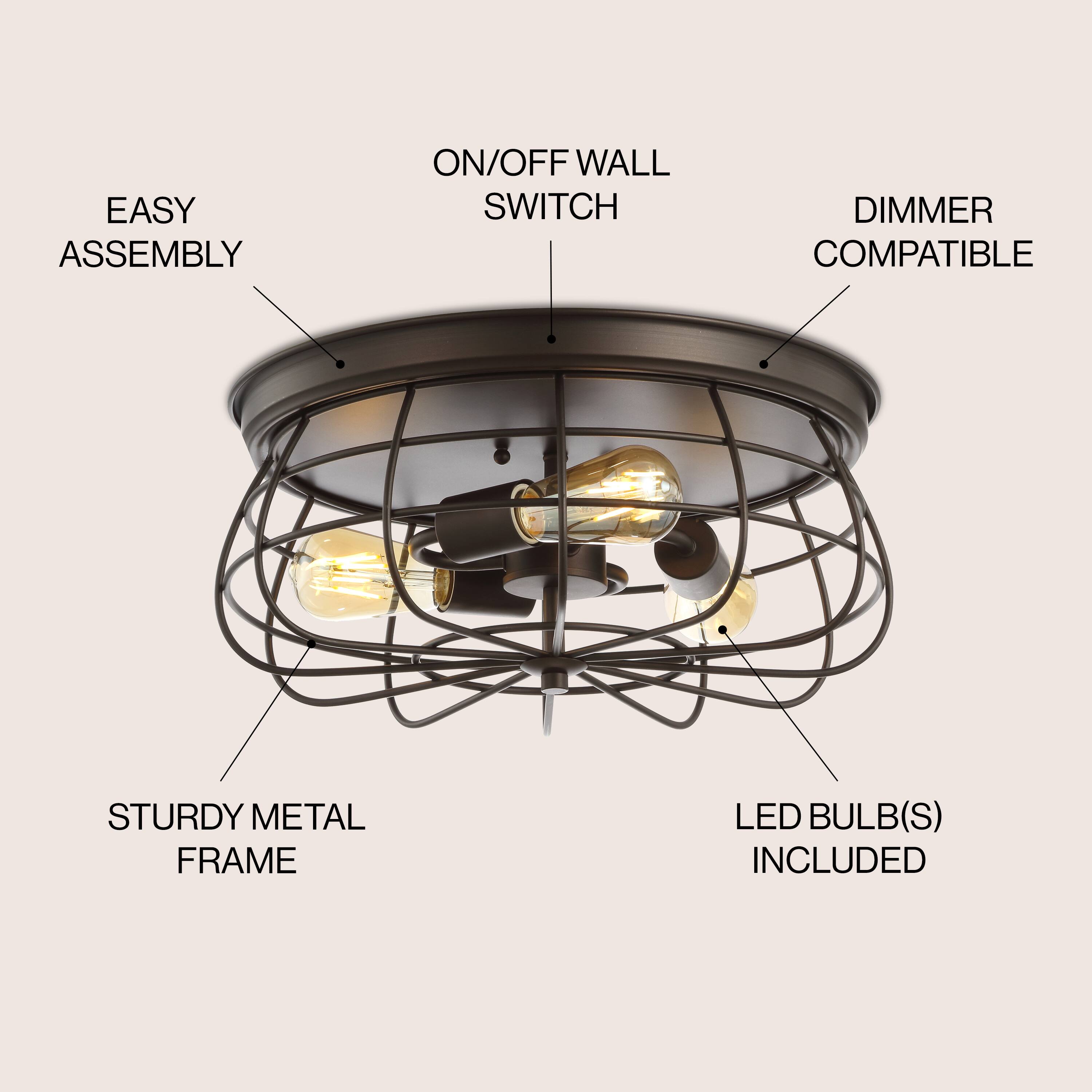 EASY ASSEMBLY ON/OFF WALL SWITCH DIMMER COMPATIBLE STURDY METAL FRAME LED BULB(S) INCLUDED