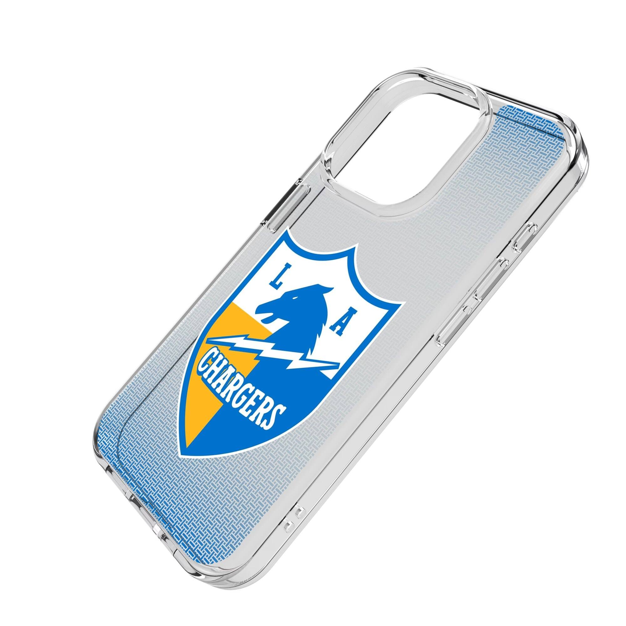 Alt View 1. Keyscaper - Los Angeles Chargers Linen Logo iPhone Clear Case - 14 Pro - Multicolor.