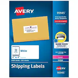 Avery - Sure Feed Laser/Inkjet Shipping Labels, 2" x 4", 10 Labels/Sheet, 250 Sheets/Pack - Matte White