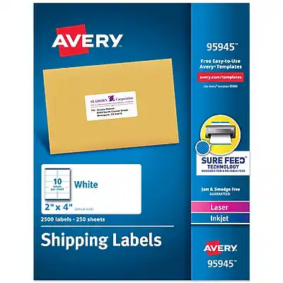 AVERY - 95945
Free Easy-to-Use Avery Templates
avery.com/templates
SURE FEED TECHNOLOGY
DESIGNED FOR A 10
Jan & Smudge Free
White
2" x 4"
2500 labels - 250 sheets
Shipping Labels
Laser Inkjet
AVERY
95945