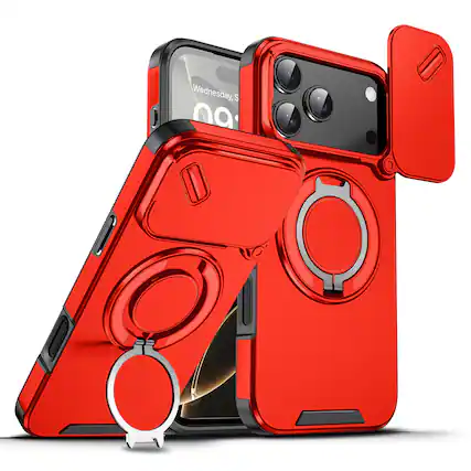 Front. UUCOVER - Magnetic Case with Slide Camera Lens Cover & 360° Ring Stand for Apple iPhone 17 Pro Max - Drop Protection Phone Cover - Red.