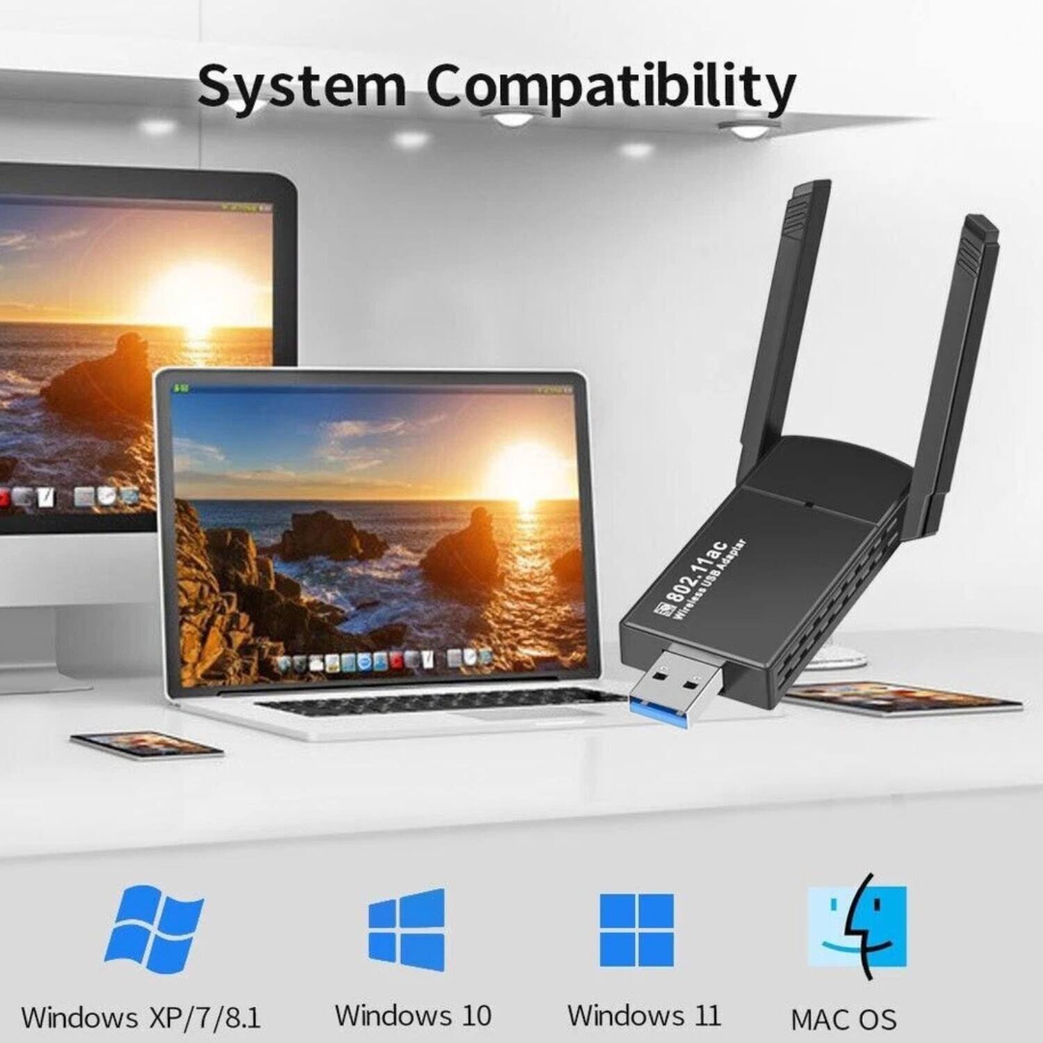 System Compatibility

- 802.11ac
- Wireless USB
- Windows XP/7/8.1
- Windows 10
- Windows 11
- MAC OS