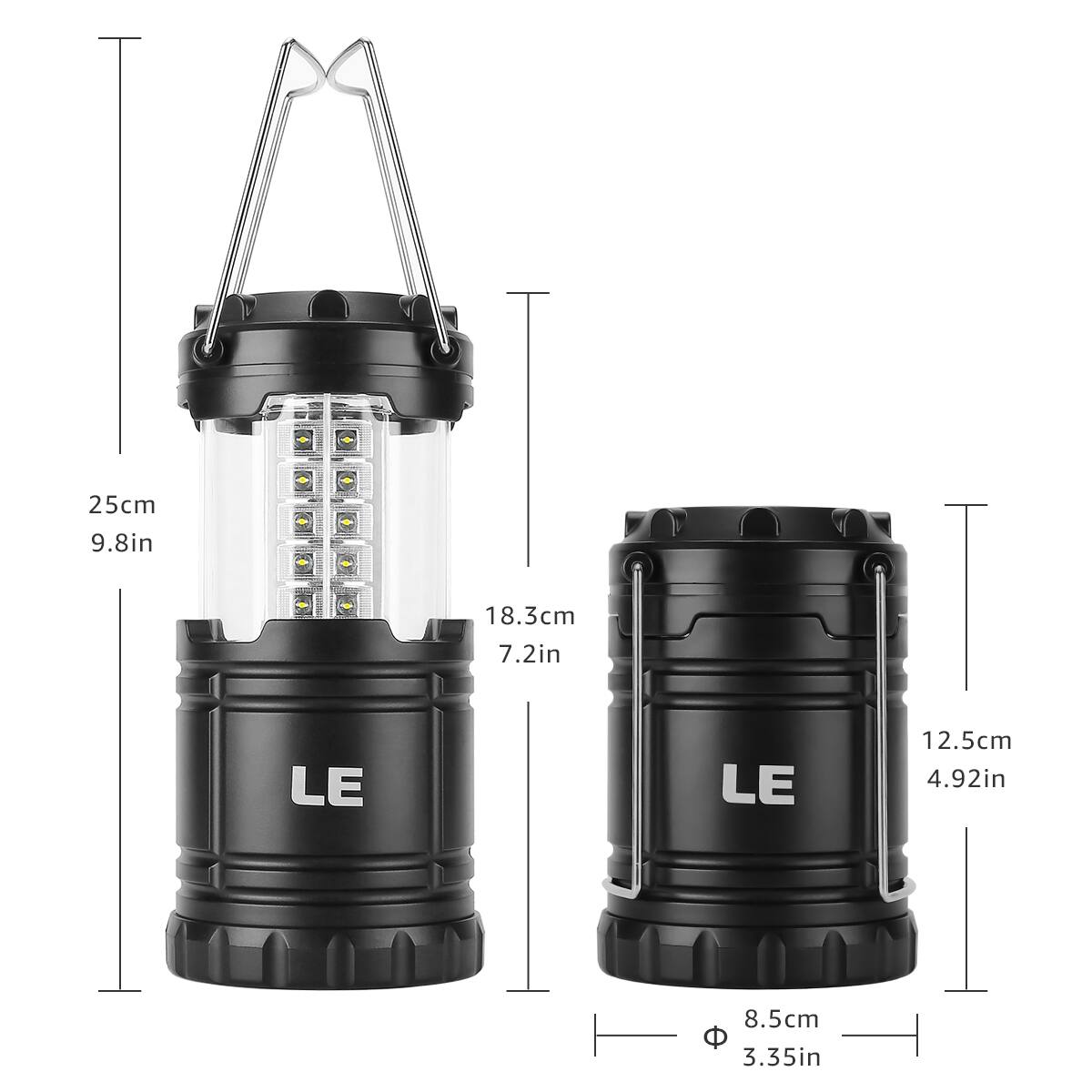 The image shows two black LE lights, one on the left and one on the right. The left light is 25cm tall and 9.8 inches tall, while the right light is 18.3cm tall and 7.2 inches tall. The two lights are positioned next to each other, and they are both equipped with LED lights.