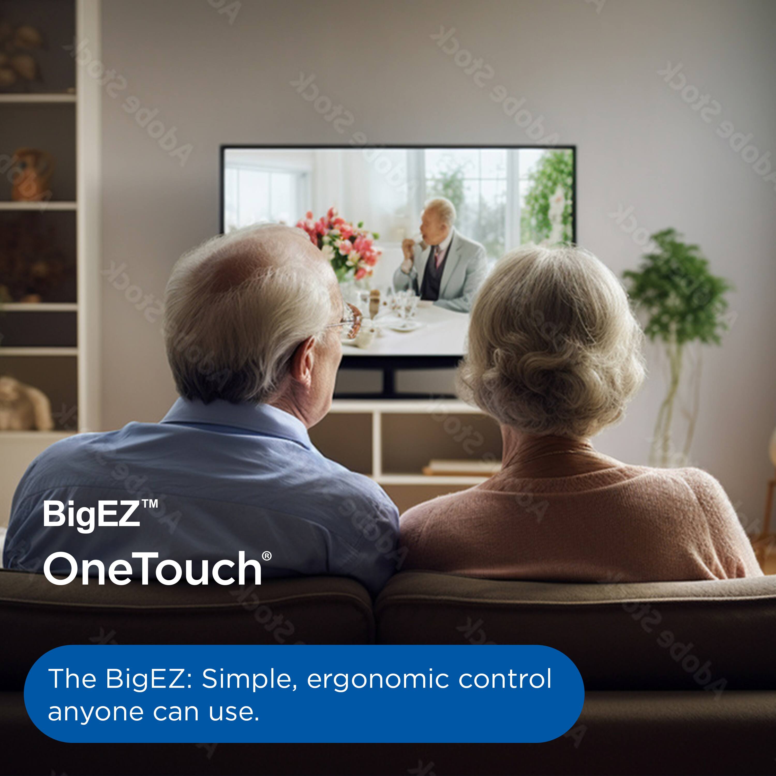 Sure, here is the corrected and grouped text:

---

**BigEZ™ OneTouch®**

The BigEZ: Simple, ergonomic control anyone can use.

---

**Adobe Stock** (repeated watermark in the background)