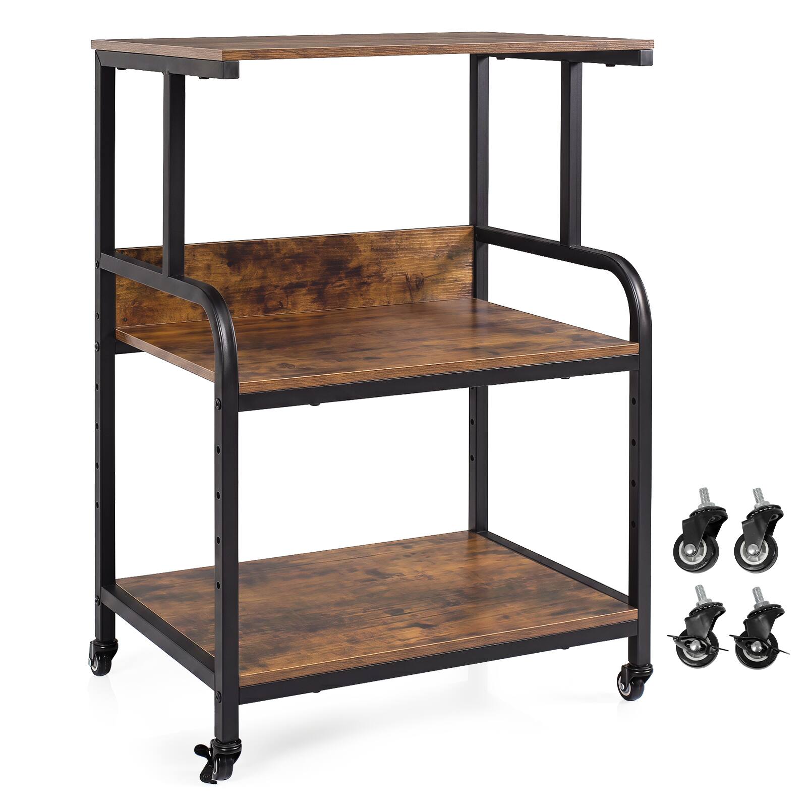 Alt View 9. Costway - Costway 3-Tier Rolling Printer Stand with Adjustable Shelf, Lockable Wheels, Metal Frame - Rustic Brown & Black.
