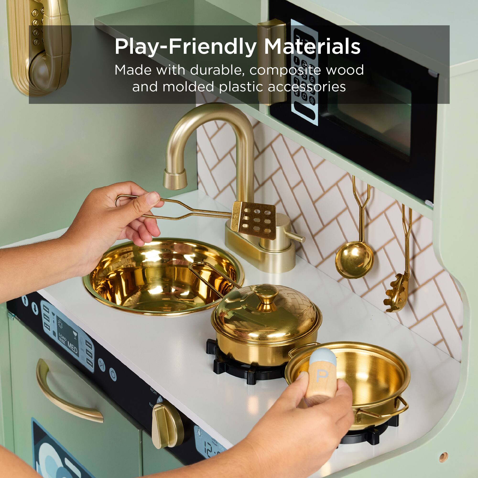 Play-Friendly Materials  
Made with durable, composite wood and molded plastic accessories
