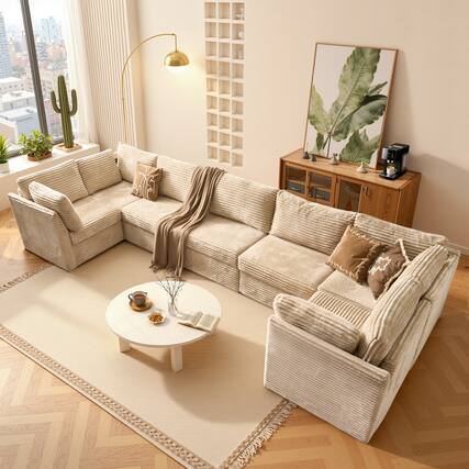 Front. Ovios - 7 Seat Modular Sectional Sofa, U Shaped Convertible Couch for Living Room - Beige.
