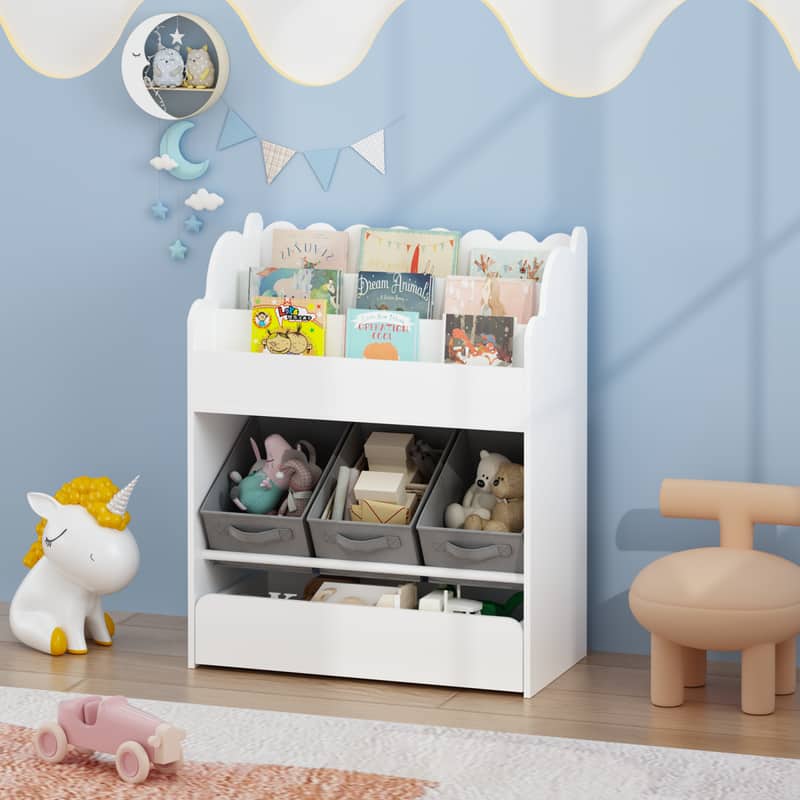 HTUTWOO - Kids Wooden Bookshelf with Storage Bins & Drawer, Organizer for Toddlers, Nursery Bedroom Playroom Book & Toy Storage - White