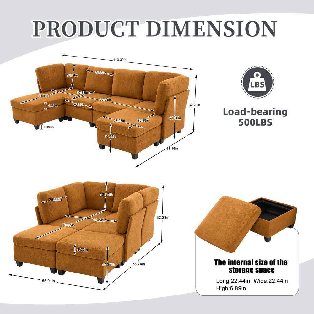 PRODUCT DIMENSION

- Length: 113.39in
- Width: 45.87in
- Height: 32.28in
- Seat Height: 19.55in
- Armrest Height: 25.60in
- Back Height: 53.15in
- Seat Depth: 25.98in
- Armrest Width: 25.98in
- Leg Height: 3.35in
- Load-bearing: 500LBS

The internal size of the storage space:
- Long: 22.44in
- Wide: 22.44in
- High: 6.89in