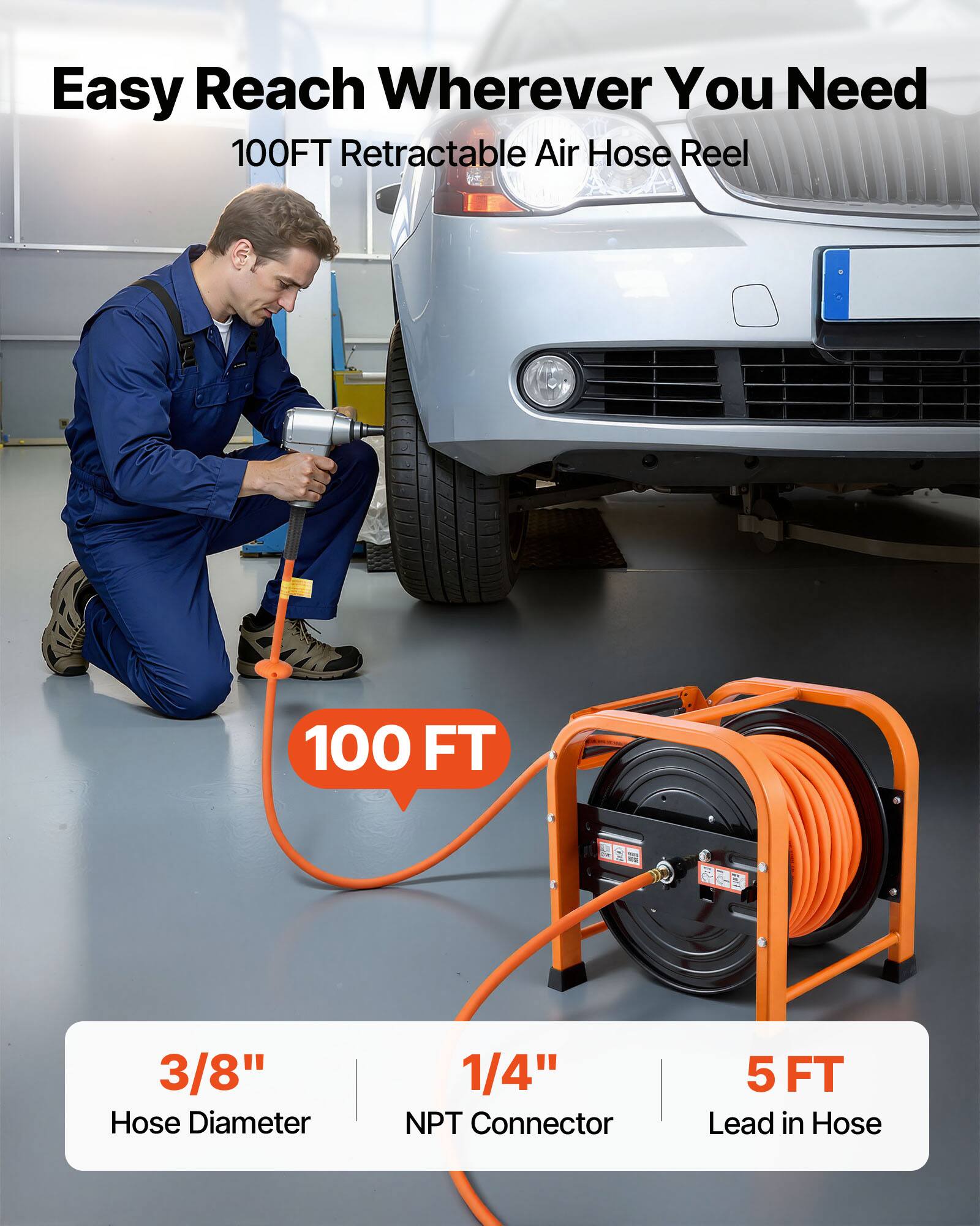 Easy Reach Wherever You Need  
100FT Retractable Air Hose Reel  

- 3/8" Hose Diameter  
- 1/4" NPT Connector  
- 5 FT Lead in Hose