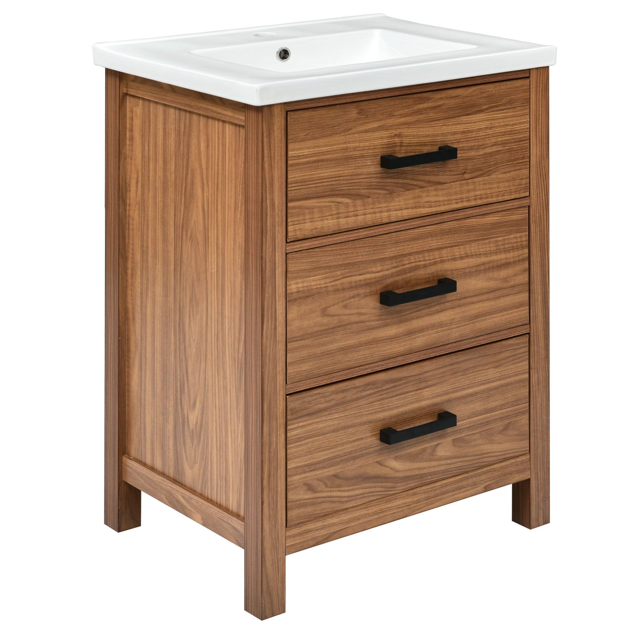 Alt View 10. Boyel Living - 24 Inch Bathroom Vanity with Ceramic Sink 3 Drawers Natural Wood - Brown.