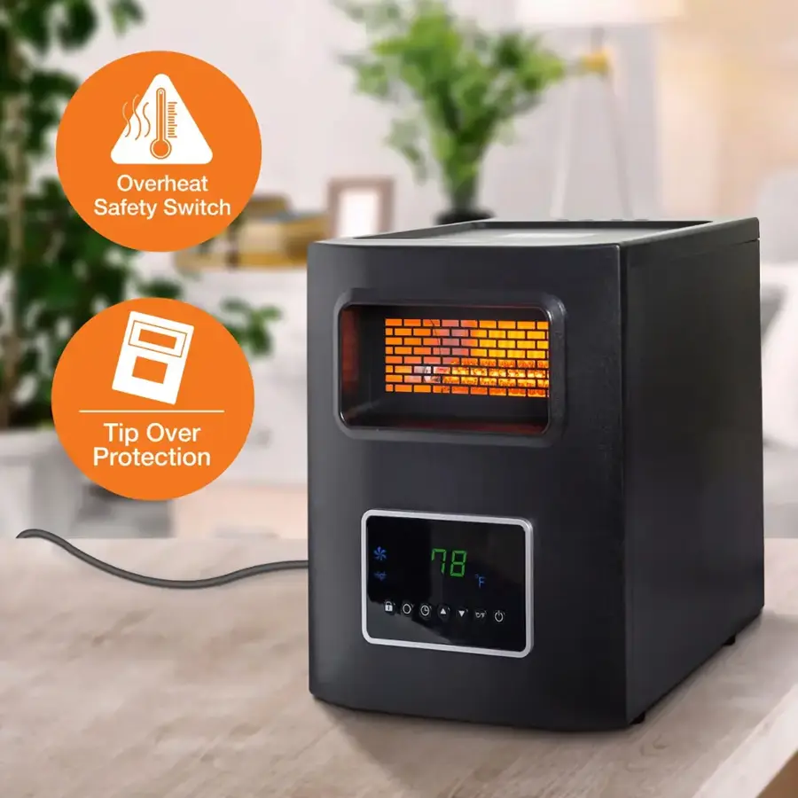 The text on the image is grouped as follows:

1. Overheat Safety Switch
2. Tip Over Protection
3. 78 F C
4. D7 A