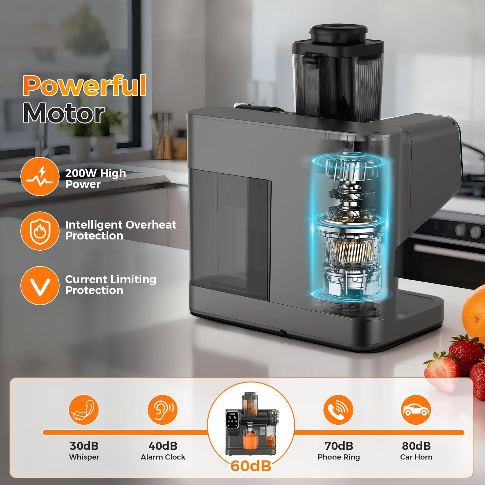 Powerful Motor  
200W High Power  
Intelligent Overheat Protection  
Current Limiting Protection  

30dB Whisper  
40dB Alarm Clock  
60dB  
70dB Phone Ring  
80dB Car Horn