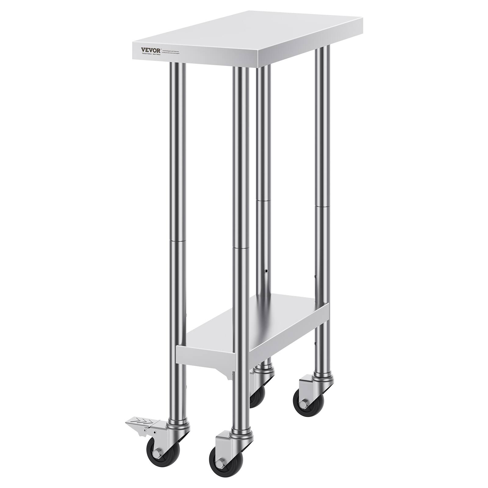 Alt View 5. VEVOR - Stainless Steel Work Table 24 x 12 x 38 Inch, 500 LBS Load Capacity with 4 Wheels, 3 Adjustable Height Levels - Sliver.