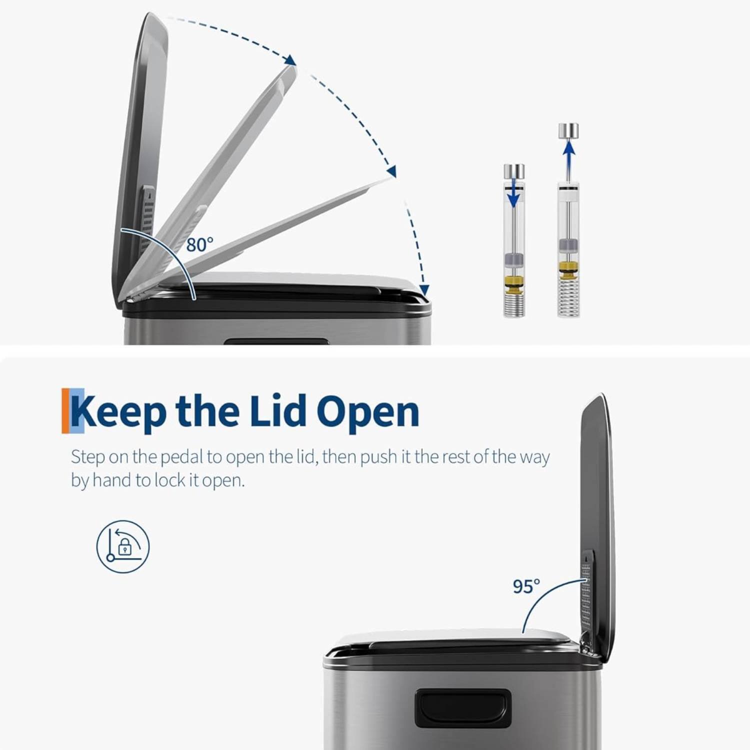 80°

Keep the Lid Open

Step on the pedal to open the lid, then push it the rest of the way by hand to lock it open.

95°