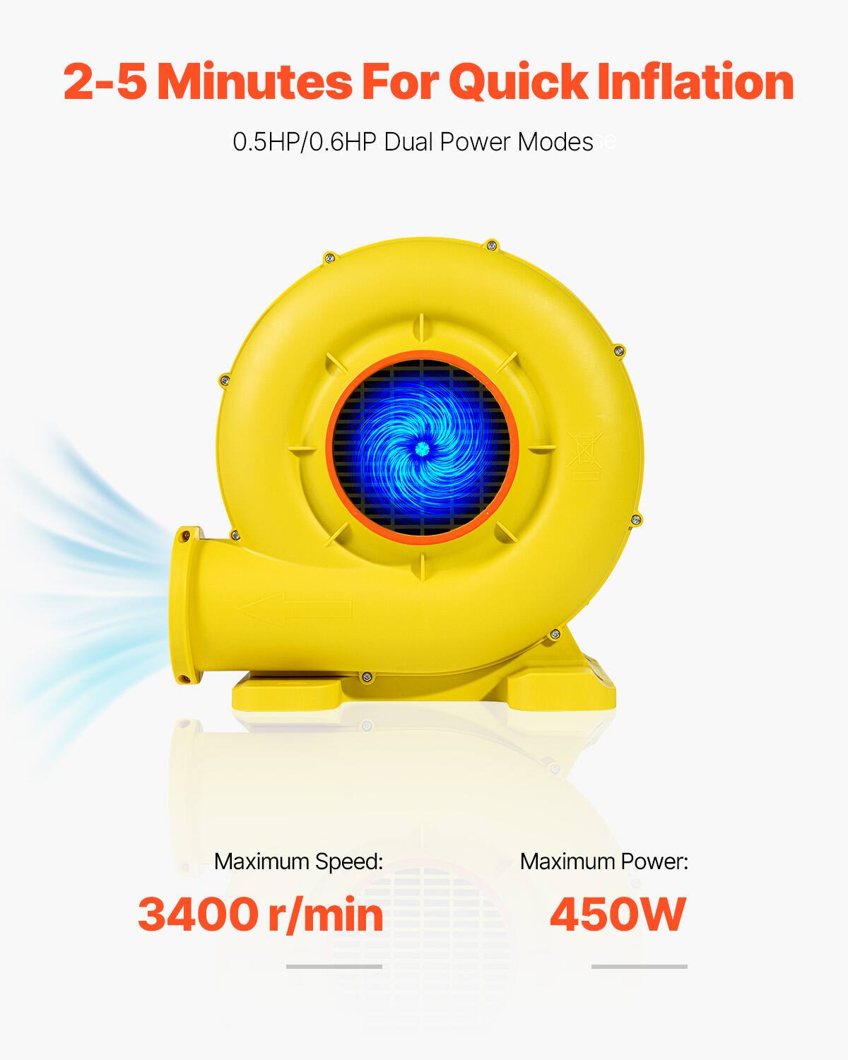 2-5 Minutes For Quick Inflation  
0.5HP/0.6HP Dual Power Modes  

Maximum Speed: 3400 r/min  
Maximum Power: 450W