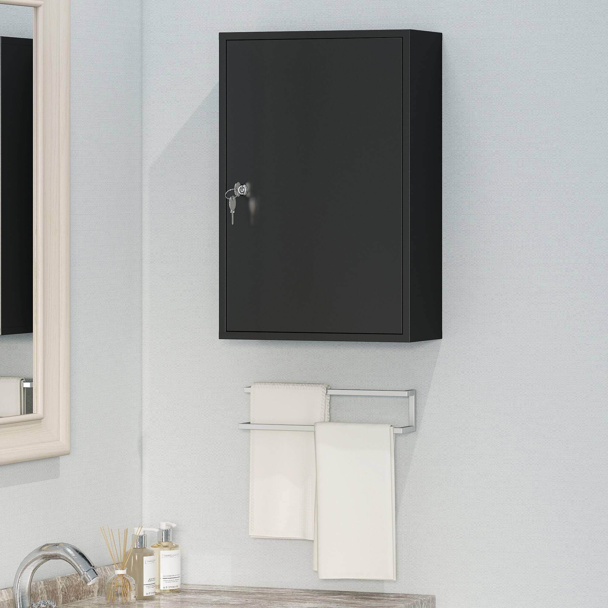 Alt View 1. Kleankin - Mount Medical Cabinet, Bathroom Cabinet with 3 Tier Shelves, 2 Keys - Black.