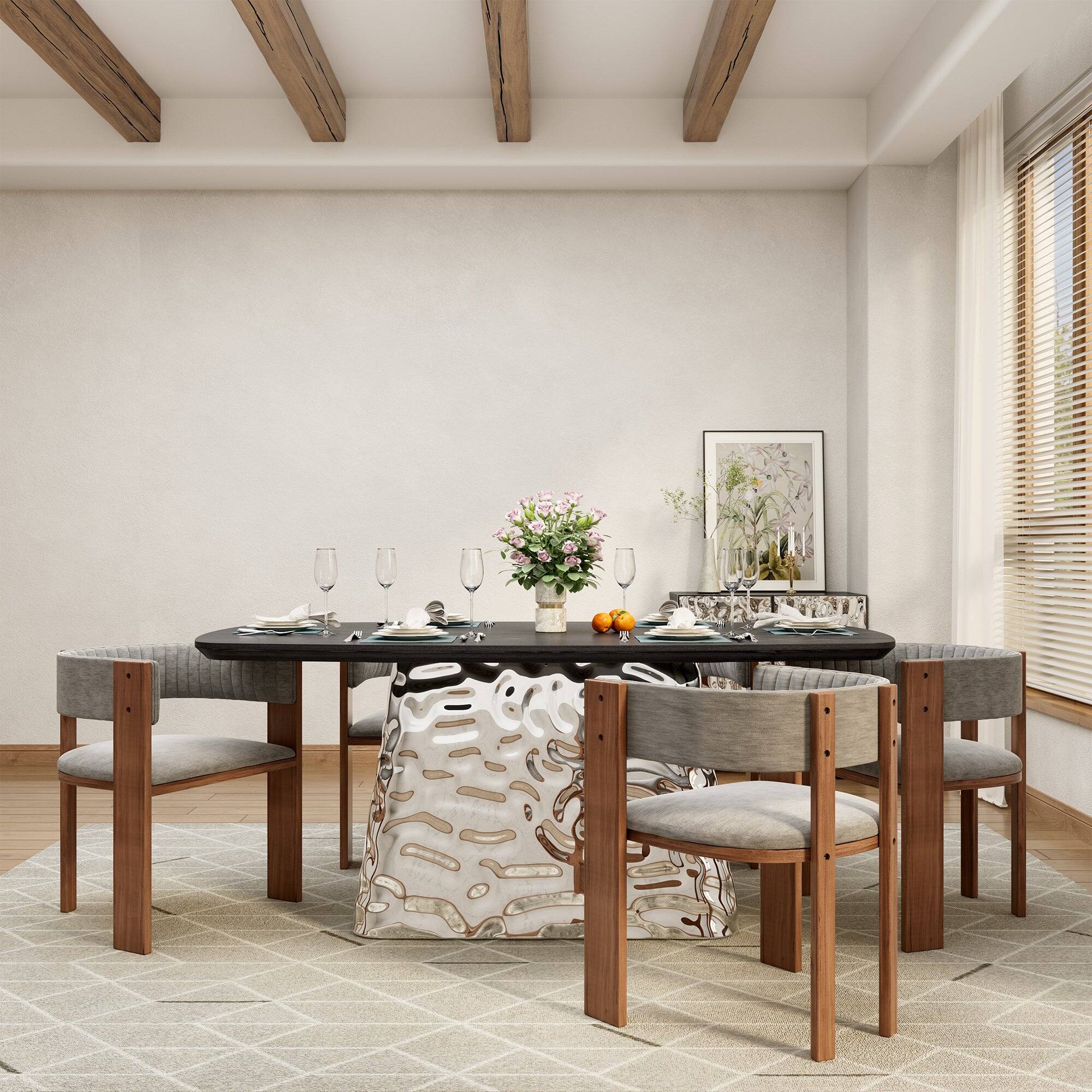 Alt View 4. Boyel Living - Silver and Black Wood 70.87 Inch Pedestal Dining Table Seats 6 Modern Luxury Stainless Steel Base - Multi-Colored.