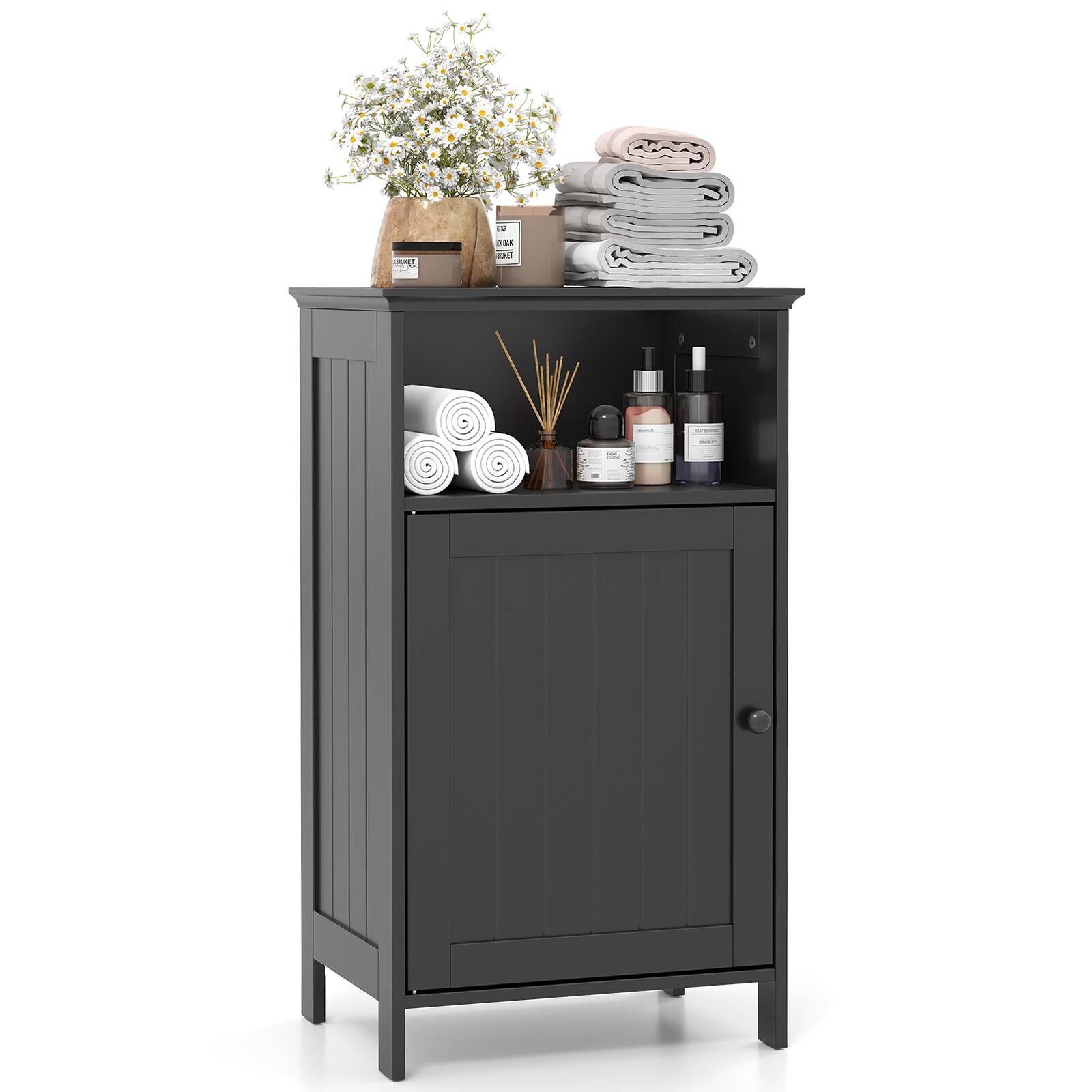 Gymax - Bathroom Floor Storage Cabinet Side Table w/ Open Compartment & Adjustable Shelf - Black