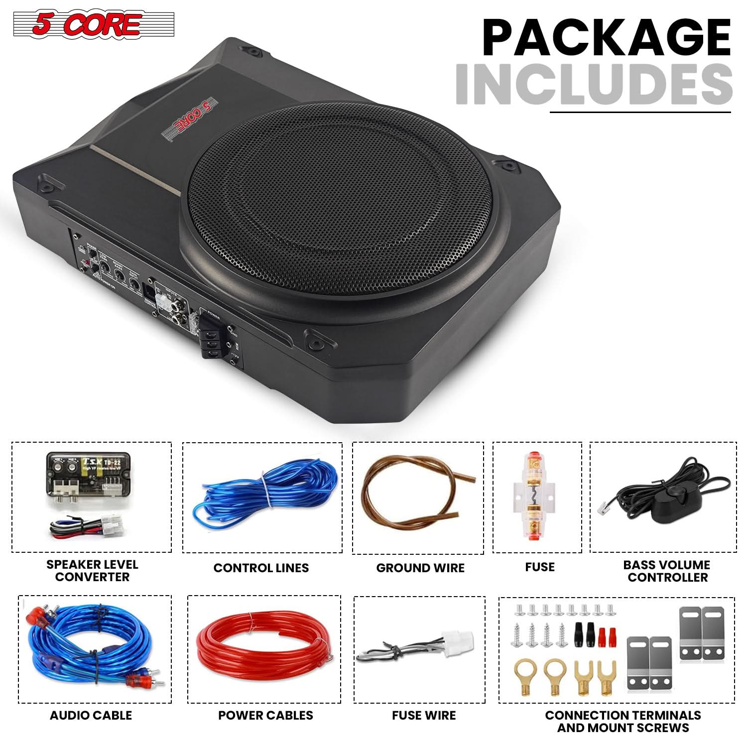 5 CORE 2 CORE PACKAGE INCLUDES 19-01 SPEAKER LEVEL CONVERTER CONTROL LINES GROUND WIRE FUSE BASS VOLUME CONTROLLER AUDIO CABLE POWER CABLES FUSE WIRE CONNECTION TERMINALS AND MOUNT SCREWS