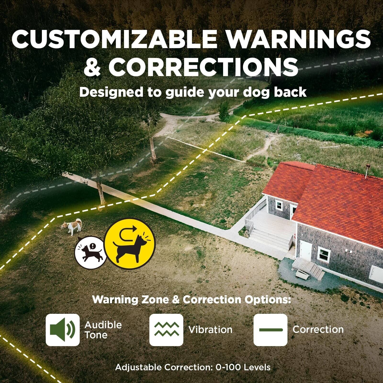 CUSTOMIZABLE WARNINGS & CORRECTIONS  
Designed to guide your dog back  

Warning Zone & Correction Options:  
Audible Tone  
Vibration  
Correction  

Adjustable Correction: 0-100 Levels