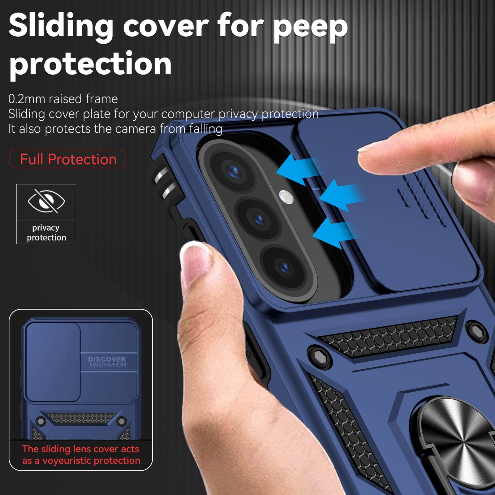 Sliding cover for peep protection  
0.2mm raised frame  
Sliding cover plate for your computer privacy protection  
It also protects the camera from falling  

Full Protection  
privacy protection  

DISCOVER INNOVATION  
The sliding lens cover acts as a voyeuristic protection