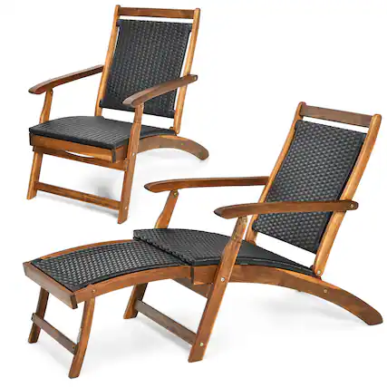 Front. Gymax - Gymax Set of 2 Folding Patio Acacia Wood Deck Chair Rattan Chaise Lounge Chair w/ Footrest - Mix Brown.