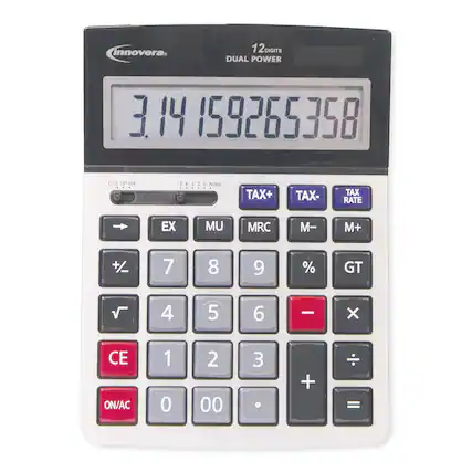 innovera
12 DIGITS DUAL POWER
3.14159265358
CUT UP 54
F 4 3 2 0 ADD2
TAX+ TAX- TAX RATE
MRC M- M+
EX MU
% GT
√
CE ON/AC