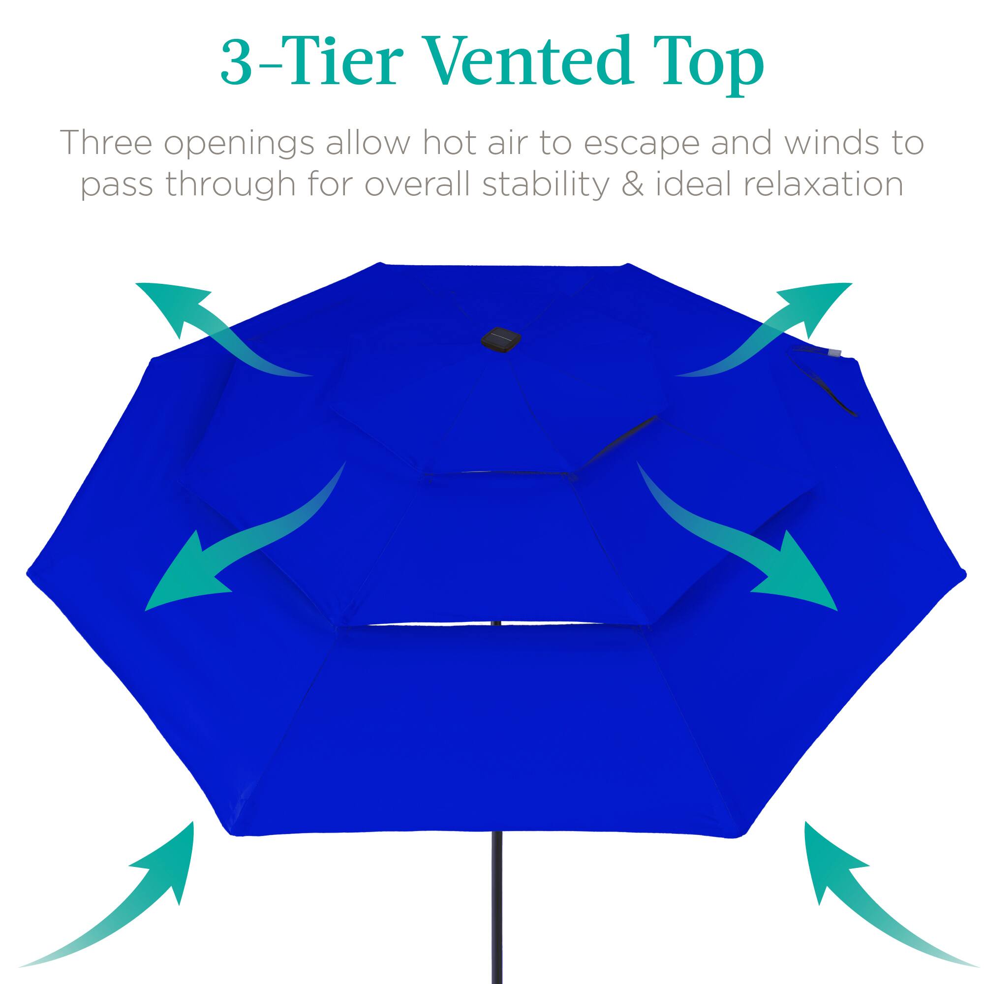 3-Tier Vented Top

Three openings allow hot air to escape and winds to pass through for overall stability & ideal relaxation