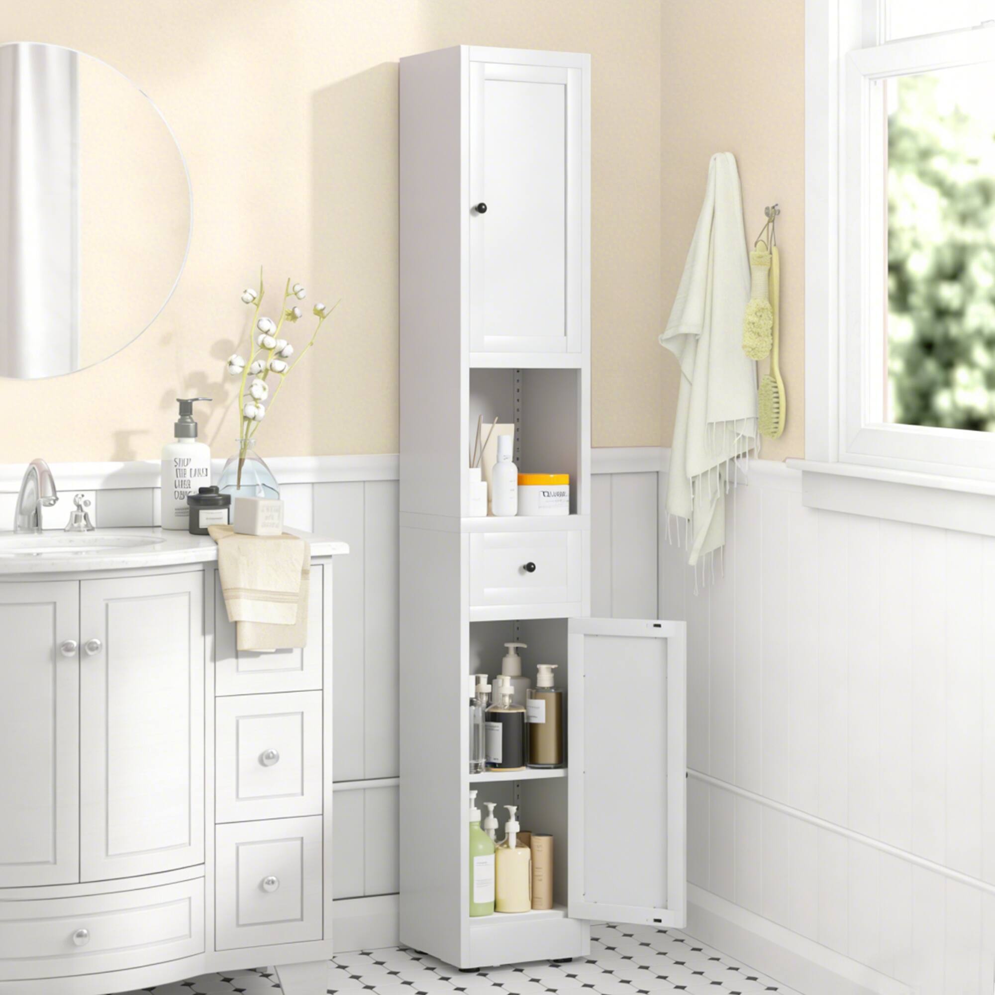 Angle. Anysun - Anysun 5-Tier Tall Narrow Freestanding Metal Storage Cabinet with Drawer and Adjustable Shelves, Assembly Required - White.