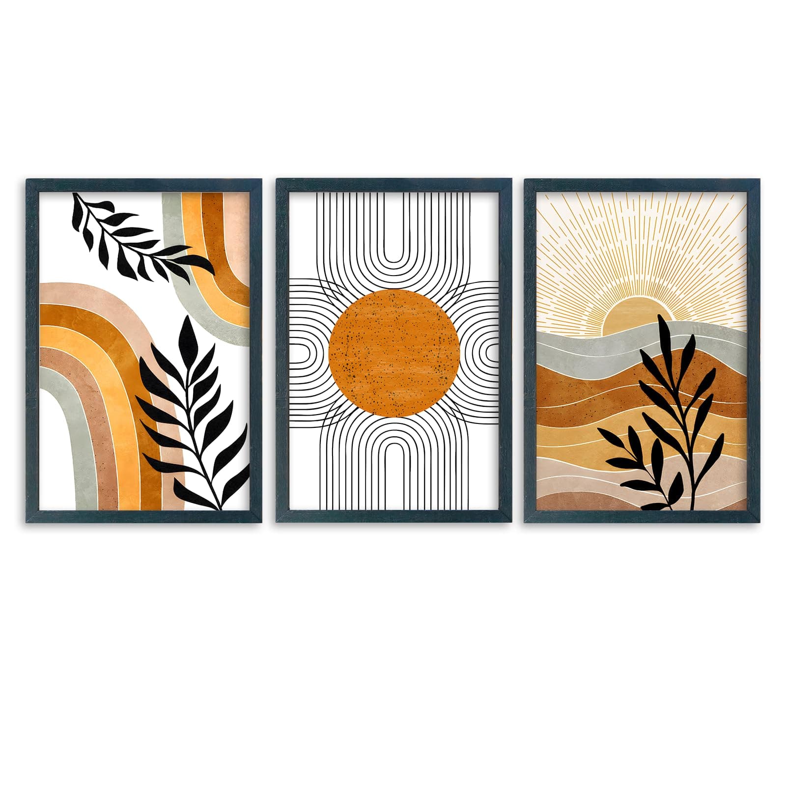 Fabibe - Large Green Abstract Boho Plant Wall Art Neutral Bohemian Set of 3 Wood Framed 16x11 Inch for Living Room Bedroom Wall D - Geometric Sun Desert Plant (Black) 16"L x 11"W