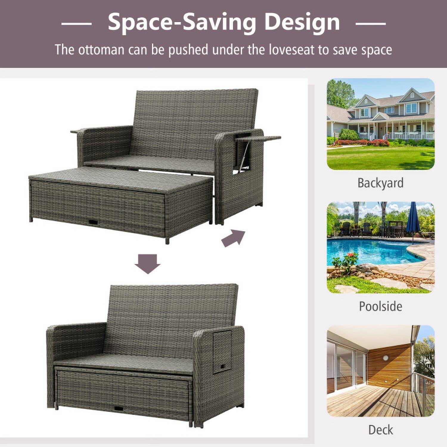 Space-Saving Design  
The ottoman can be pushed under the loveseat to save space  

Backyard  
Poolside  
Deck