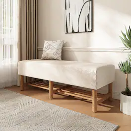 Ropilly - Rectangular Upholstered Linen Ottoman Bench with Open Storage Shelf, Solid Wood Legs - Beige