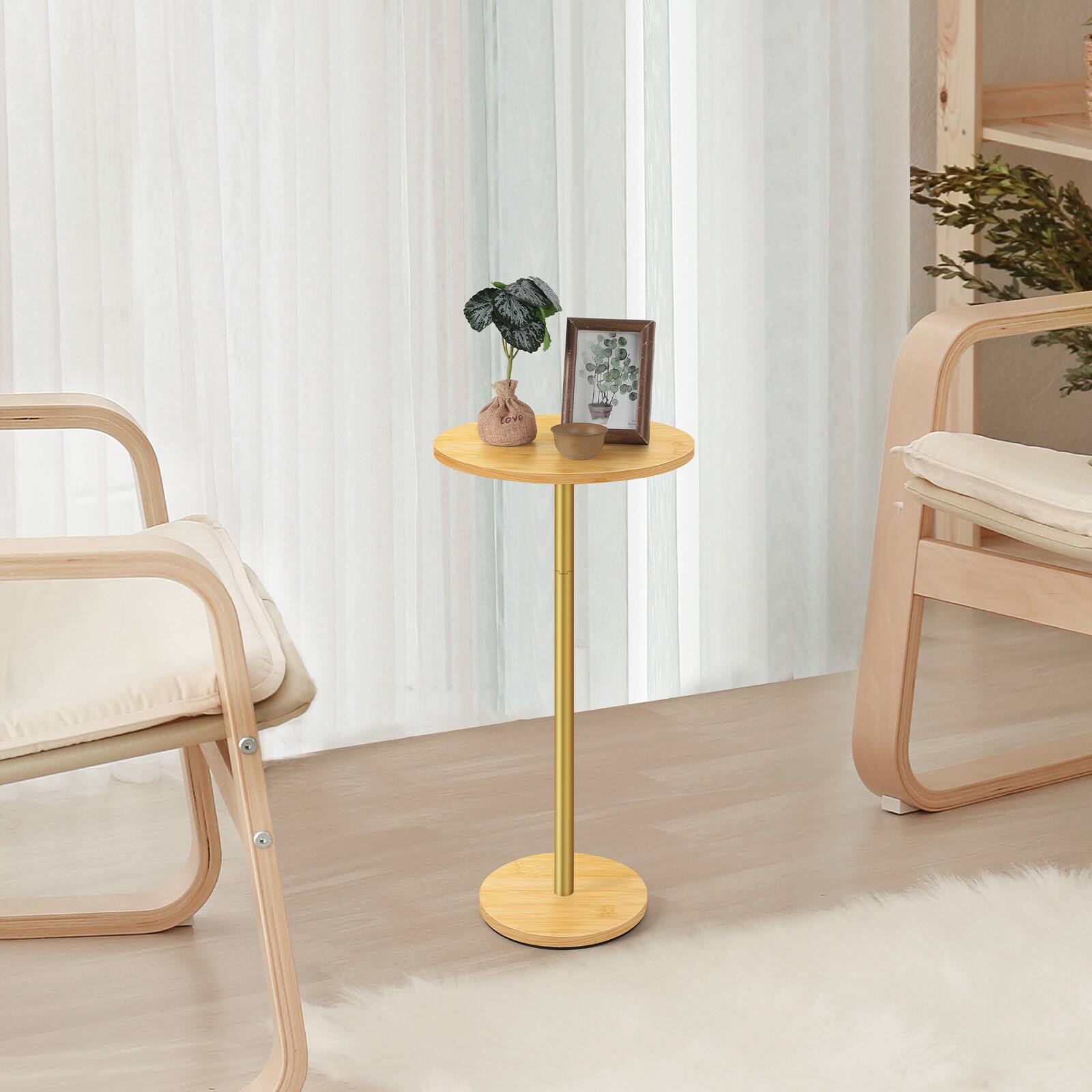 Alt View 1. Oumilen - Natural Bamboo Round Side Table with Gold Pole - Natural.
