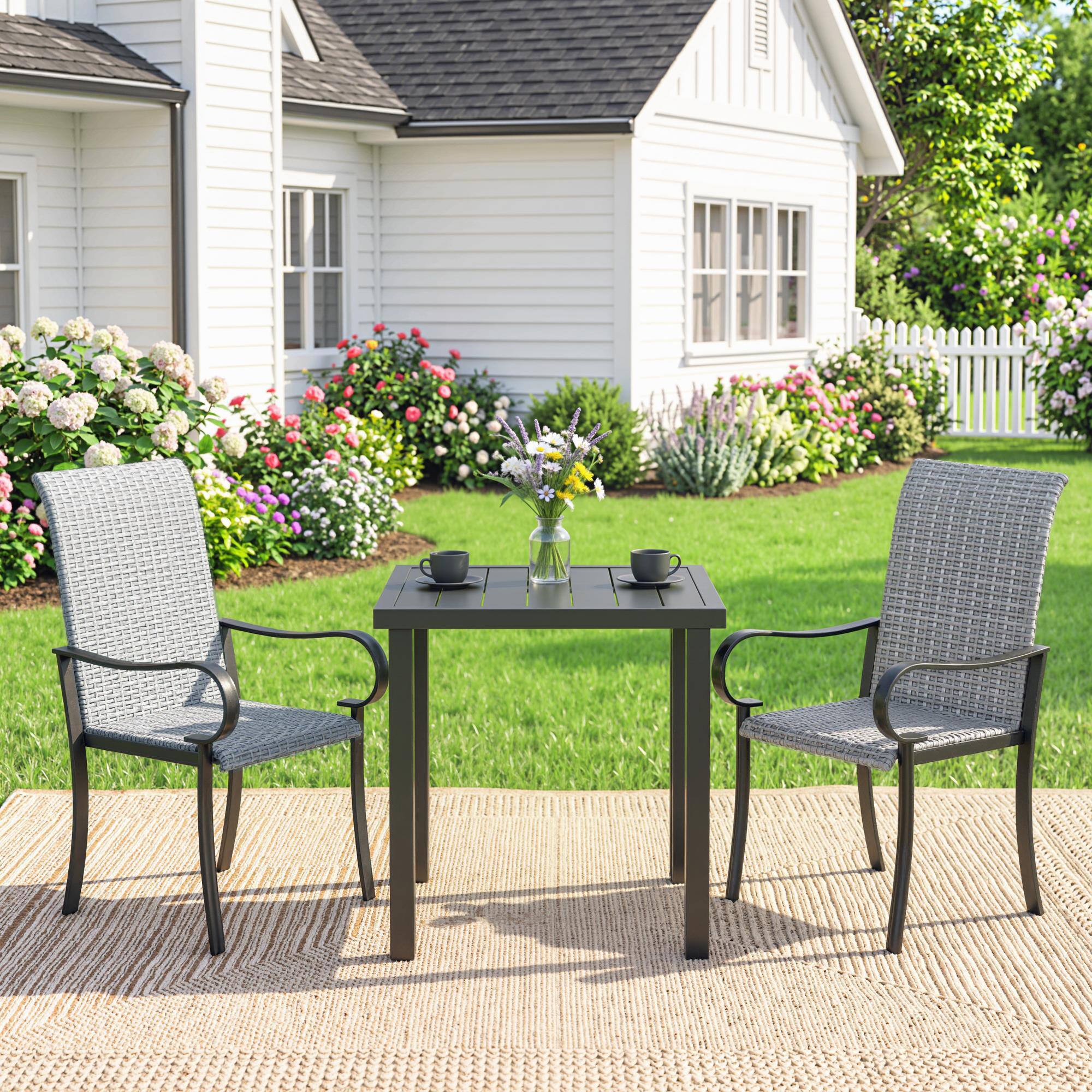 Alt View 1. Outsunny - Set of 2 Outdoor Wicker Dining Chairs with Armrest, Steel Frame - Gray.
