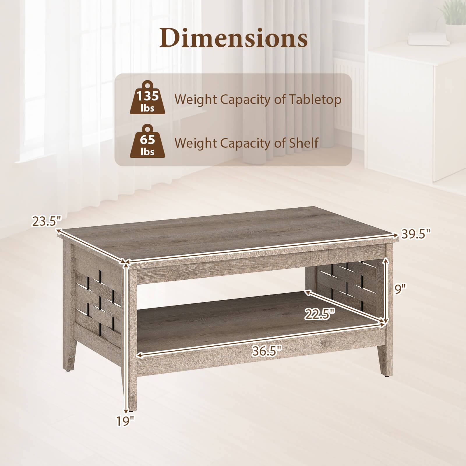 Dimensions  
Weight Capacity of Tabletop: 135 lbs  
Weight Capacity of Shelf: 65 lbs  

23.5" x 39.5" x 9"  
22.5" x 36.5" x 19"