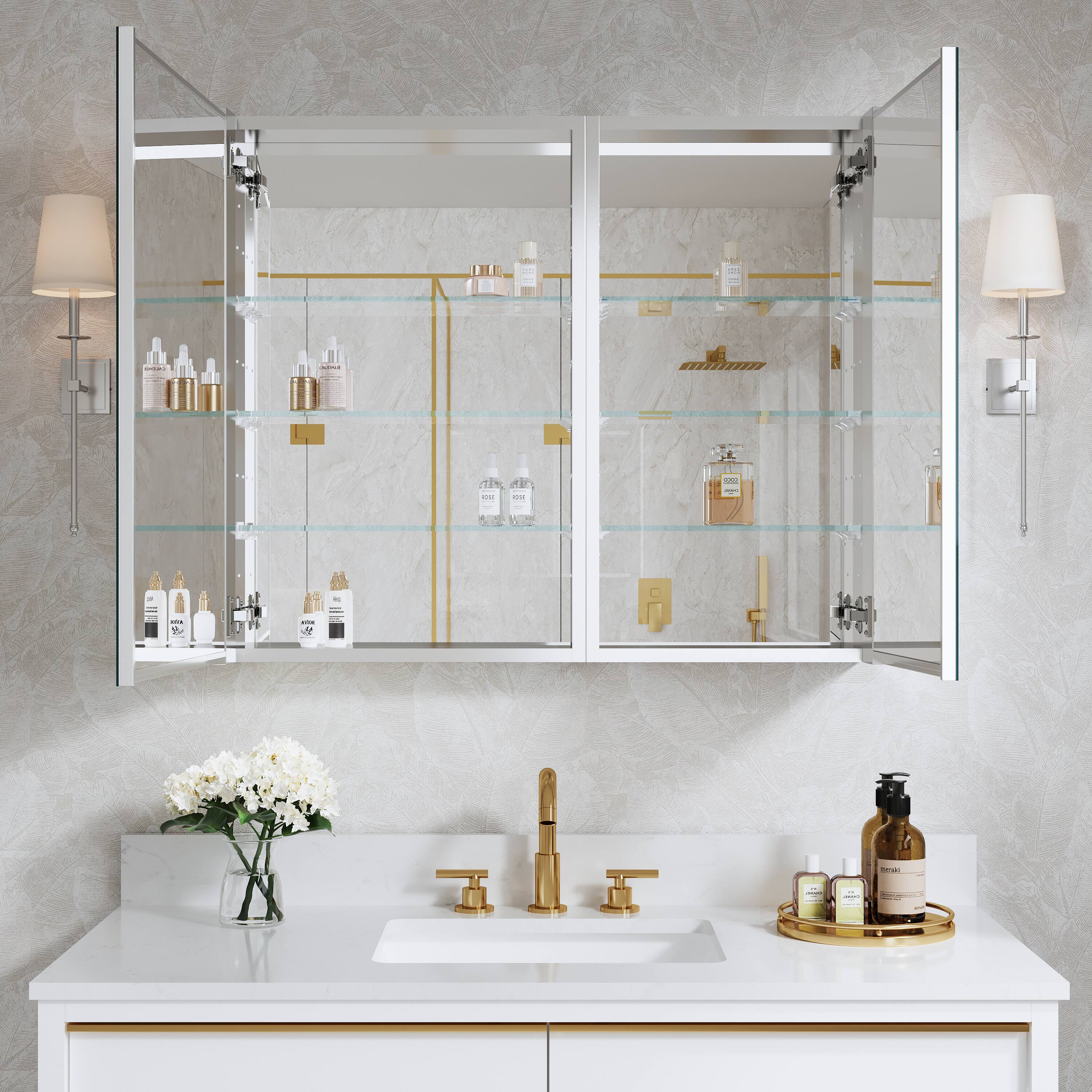 Back. WELLFOR - Combo 36 in. W x 30 in. H Rectangular Recess/Surface Mount Frameless Medicine Cabinet with Mirror, Soft Close Door - Silver.