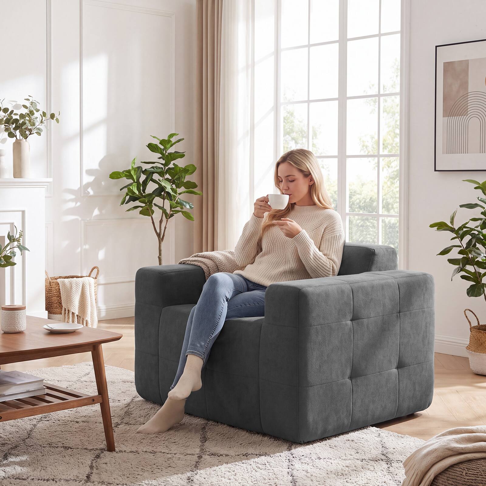 Alt View 4. Costway - Costway Boneless Single Sofa Chair with Terry Cloth Upholstery, No Assembly Required - Gray.