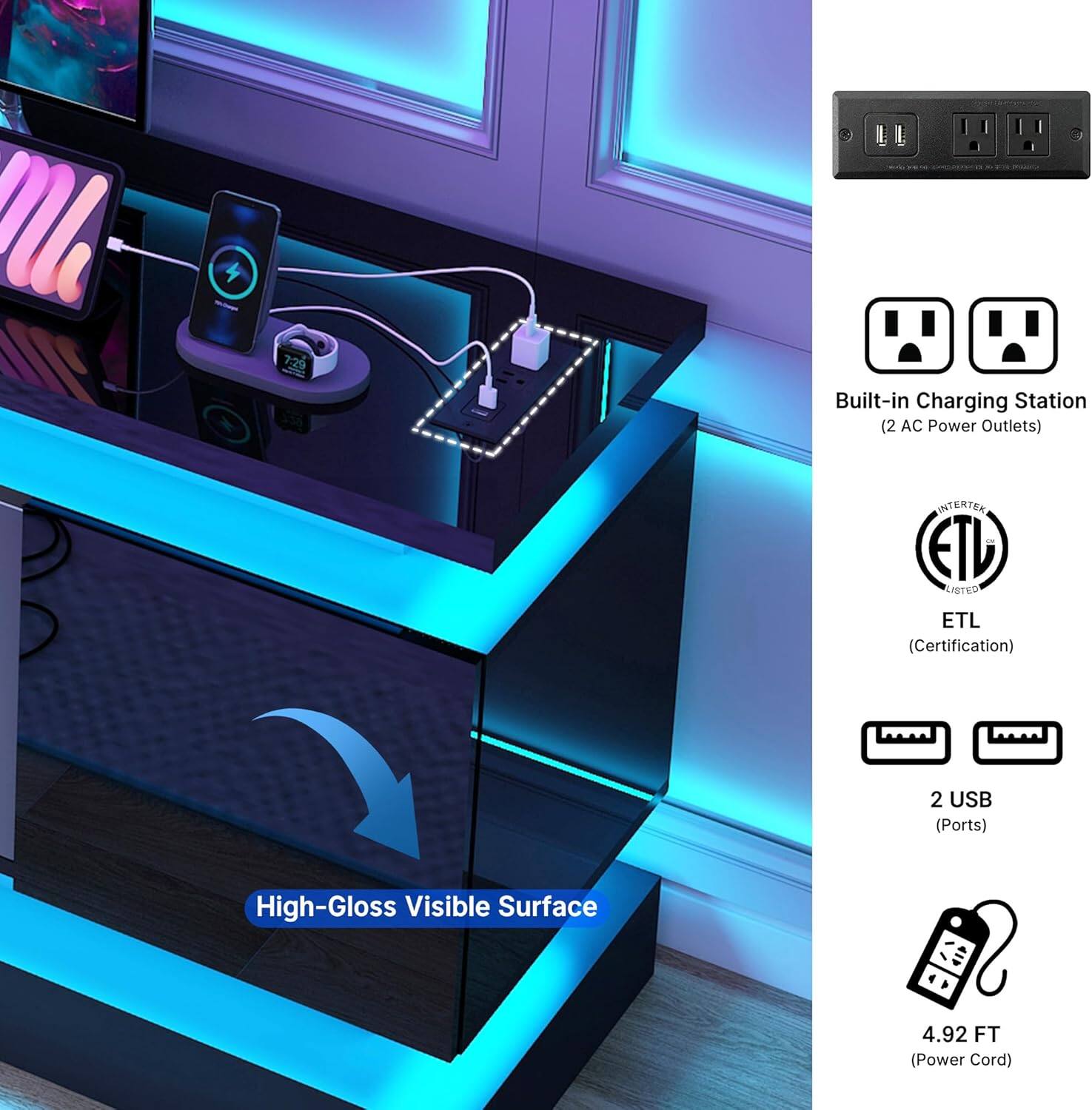 7:29 Built-in Charging Station (2 AC Power Outlets)  
INTERTER ETL LISTED ETL (Certification)  
2 USB (Ports)  
High-Gloss Visible Surface  
4.92 FT (Power Cord)