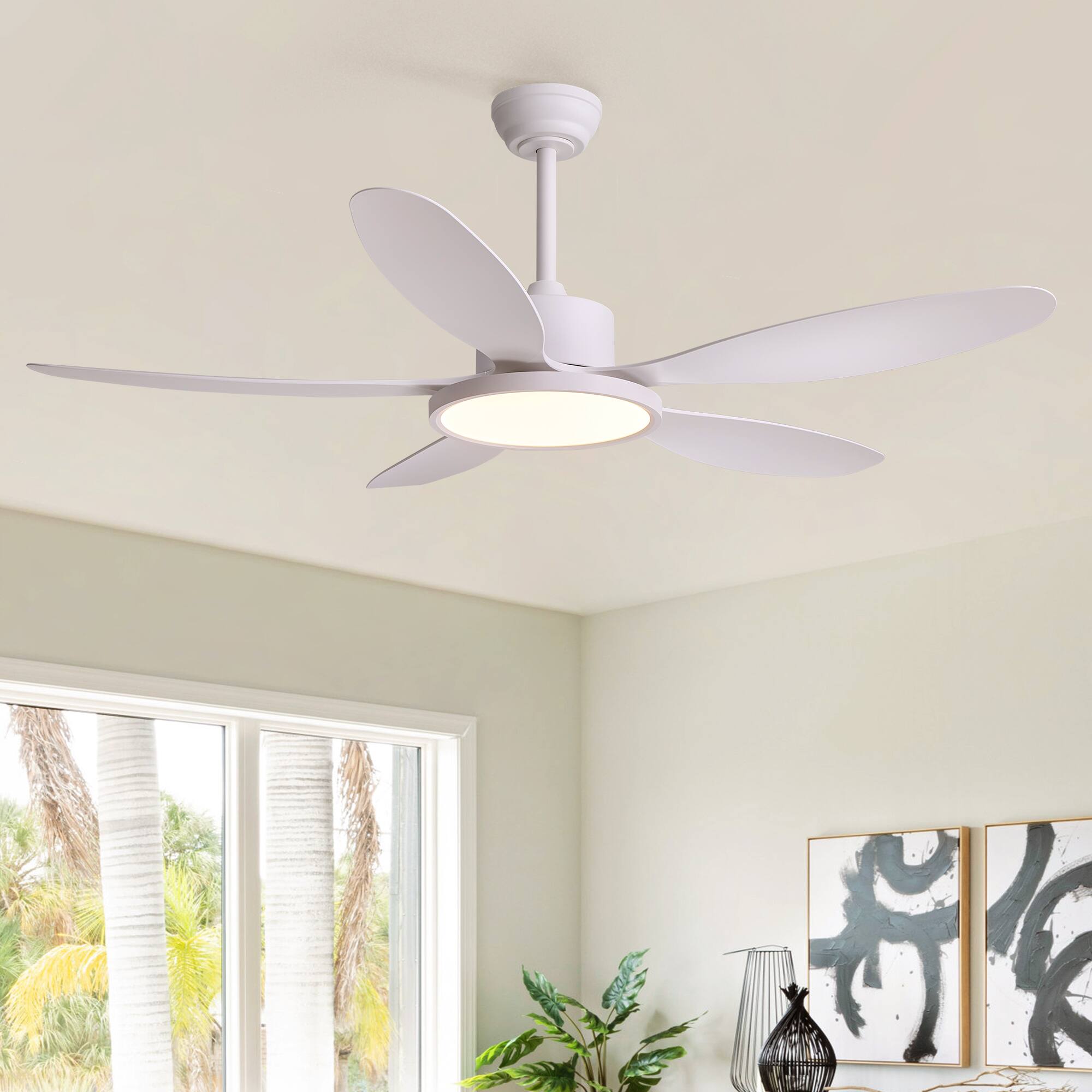 Angle. Siljoy - 52 Inch Matte White 5 Blades Downrod Ceiling Fan With Round LED Light For Bedroom Living Room - White.