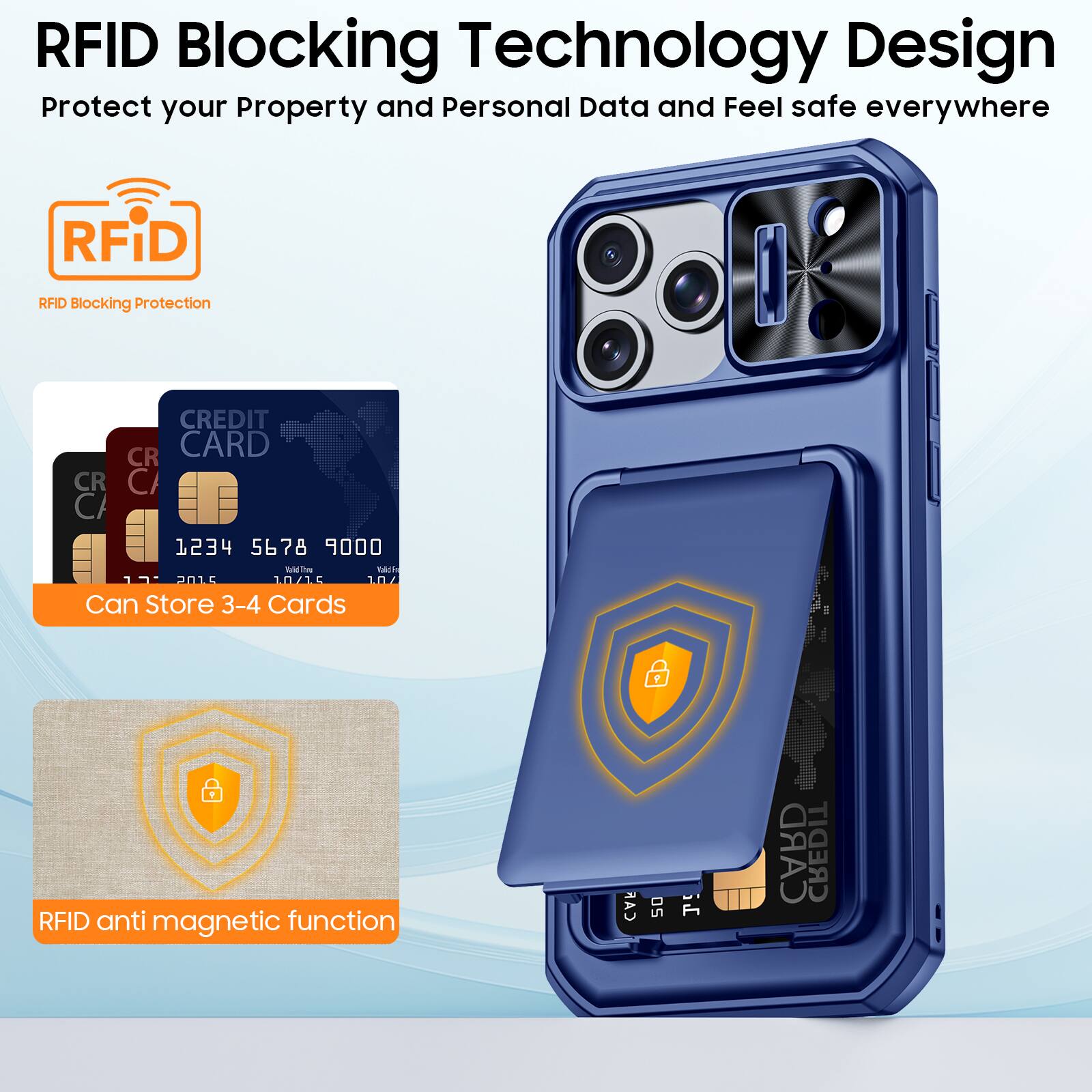 RFID Blocking Technology Design  
Protect your Property and Personal Data and Feel safe everywhere  

RFID Blocking Protection  

Can Store 3-4 Cards  

RFID anti magnetic function