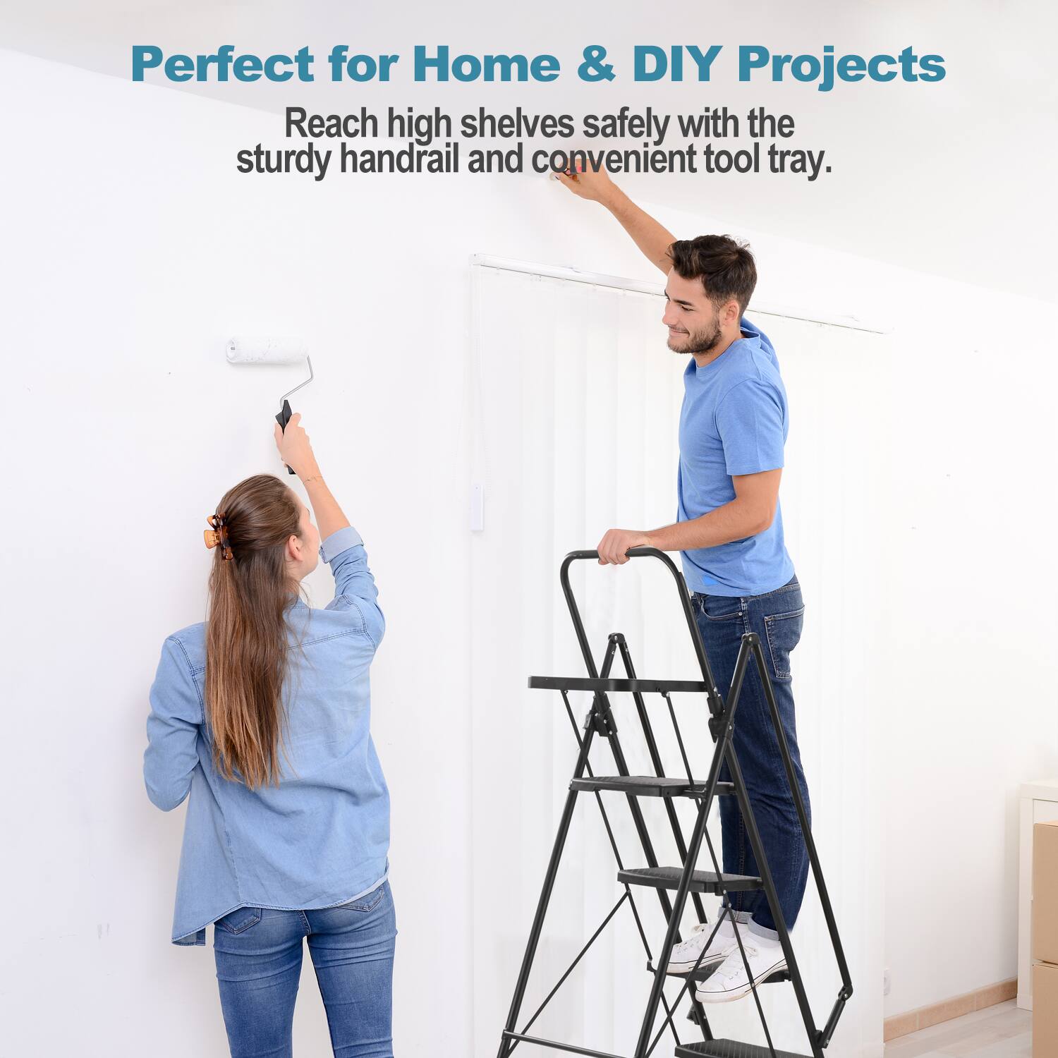 Perfect for Home & DIY Projects  
Reach high shelves safely with the sturdy handrail and convenient tool tray.
