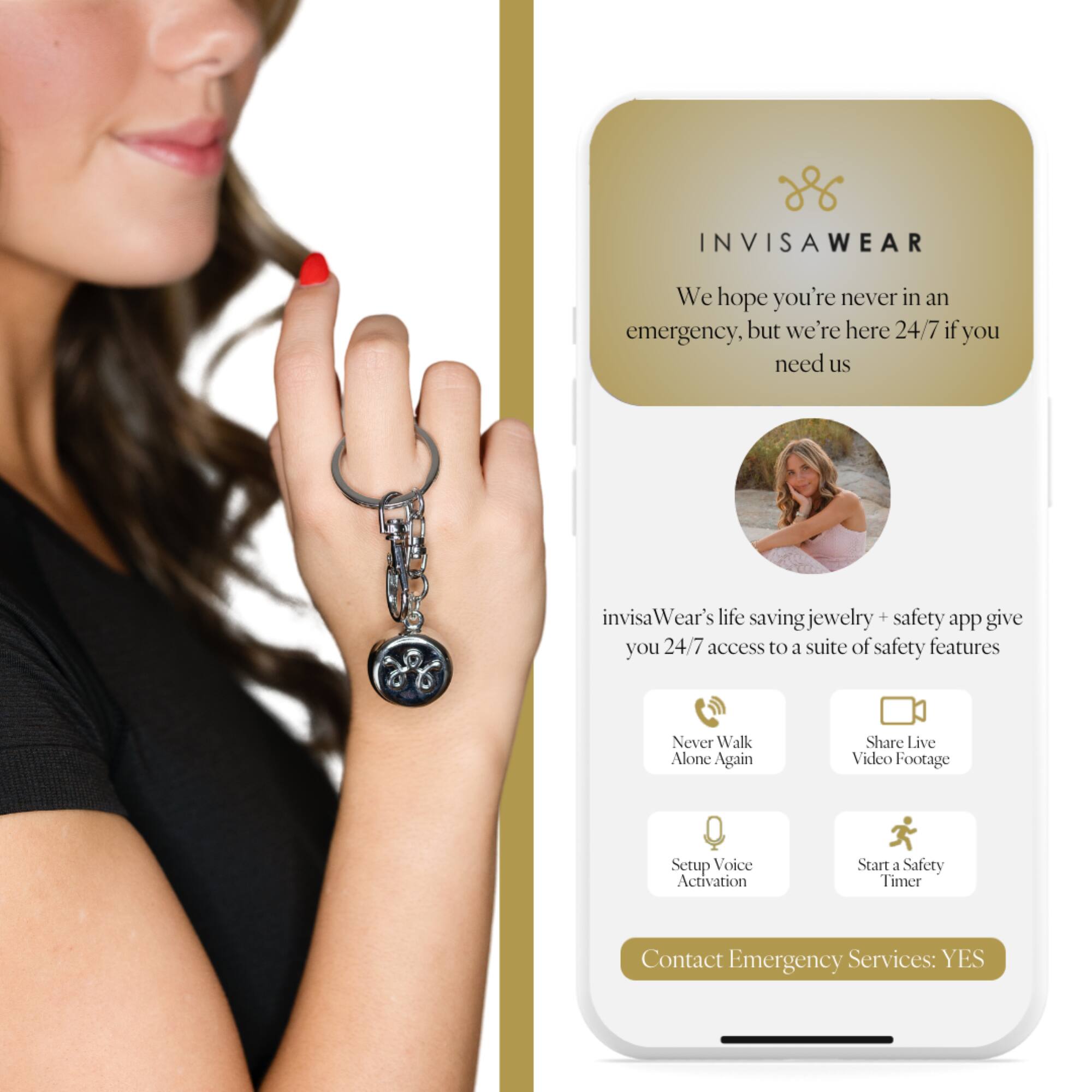 INVISAWEAR We hope you're never in an emergency, but we're here 24/7 if you need us. invisaWear's life-saving jewelry + safety app give you 24/7 access to a suite of safety features. Never Walk Alone Again. Share Live Video Footage. Setup Voice Activation. Start Safety Timer. Contact Emergency Services: YES.