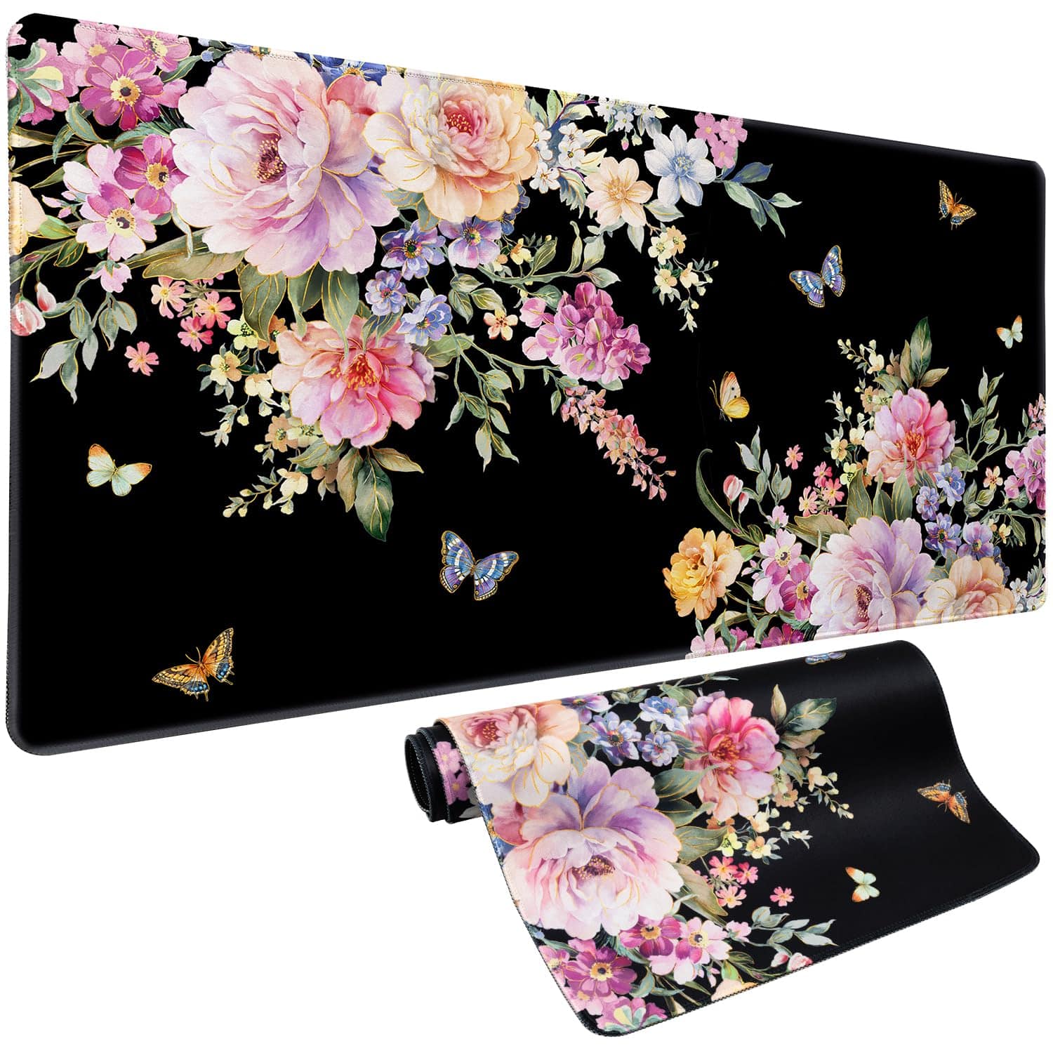 Fabibe - Desk Mat Mouse Pad Butterfly Flower Pink Floral Xxl Extended Large Gaming Mousepad Black Computer Laptop For Women W - Butterfly Flower Xxxl 34.5" x 15.7"