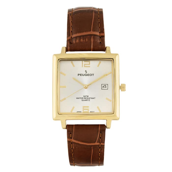 Peugeot - Men's 35mm 14K Gold Plated Square Watch with leather Strap - Brown