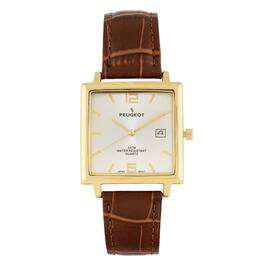 Peugeot - Men's 35mm 14K Gold Plated Square Watch with leather Strap - Brown