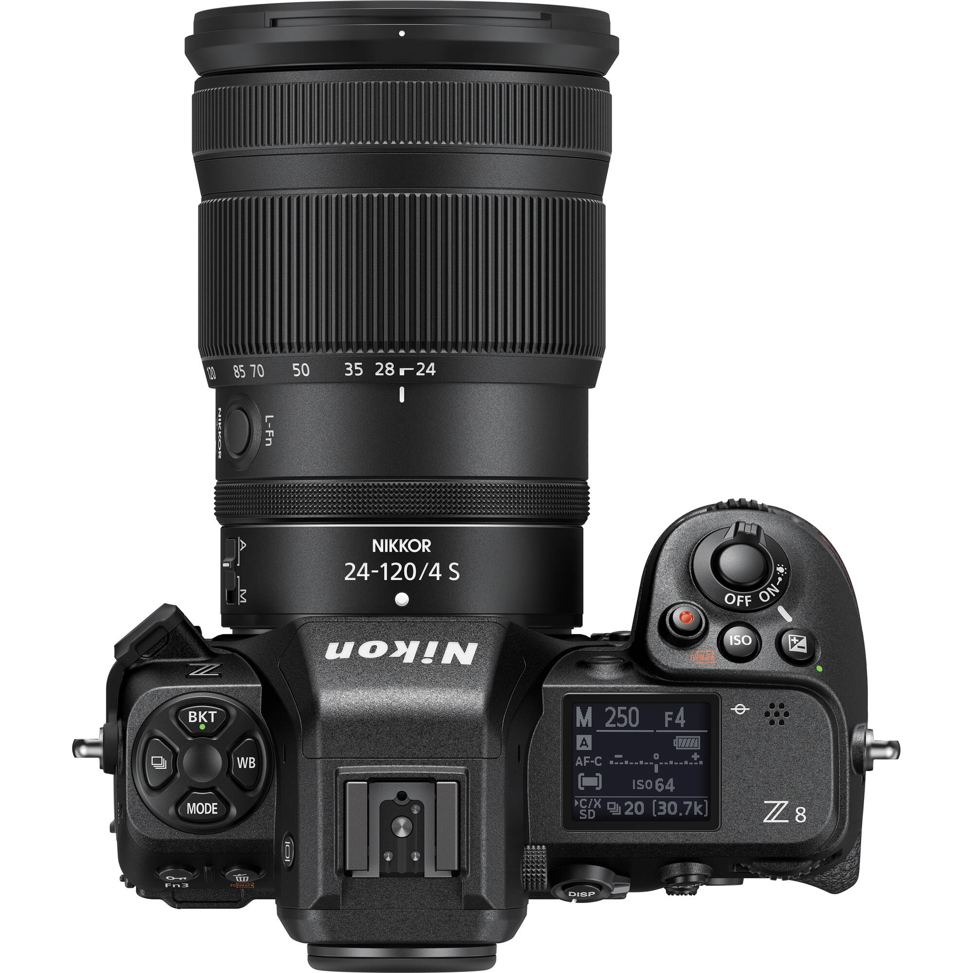 a EPTL 85 70 L-Fn 50 35 28 24 I N M NIKKOR 24-120/4 S Nikon OFF ON* ISO Z c BKT MODE WB M 250 F4 A  a AF-C ISO 064 C/X (30.7k) SD 9 20 ZZ 8 ... . dD LIP